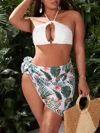 Bikini ras-du-cou texturé à anneau avec cache-maillot