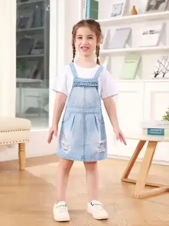 SheIn Fille robe en jean salopette à plis déchiré (sans t-shirt) offre