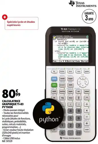 Auchan Texas instruments calculatrice graphique ti-83 python offre