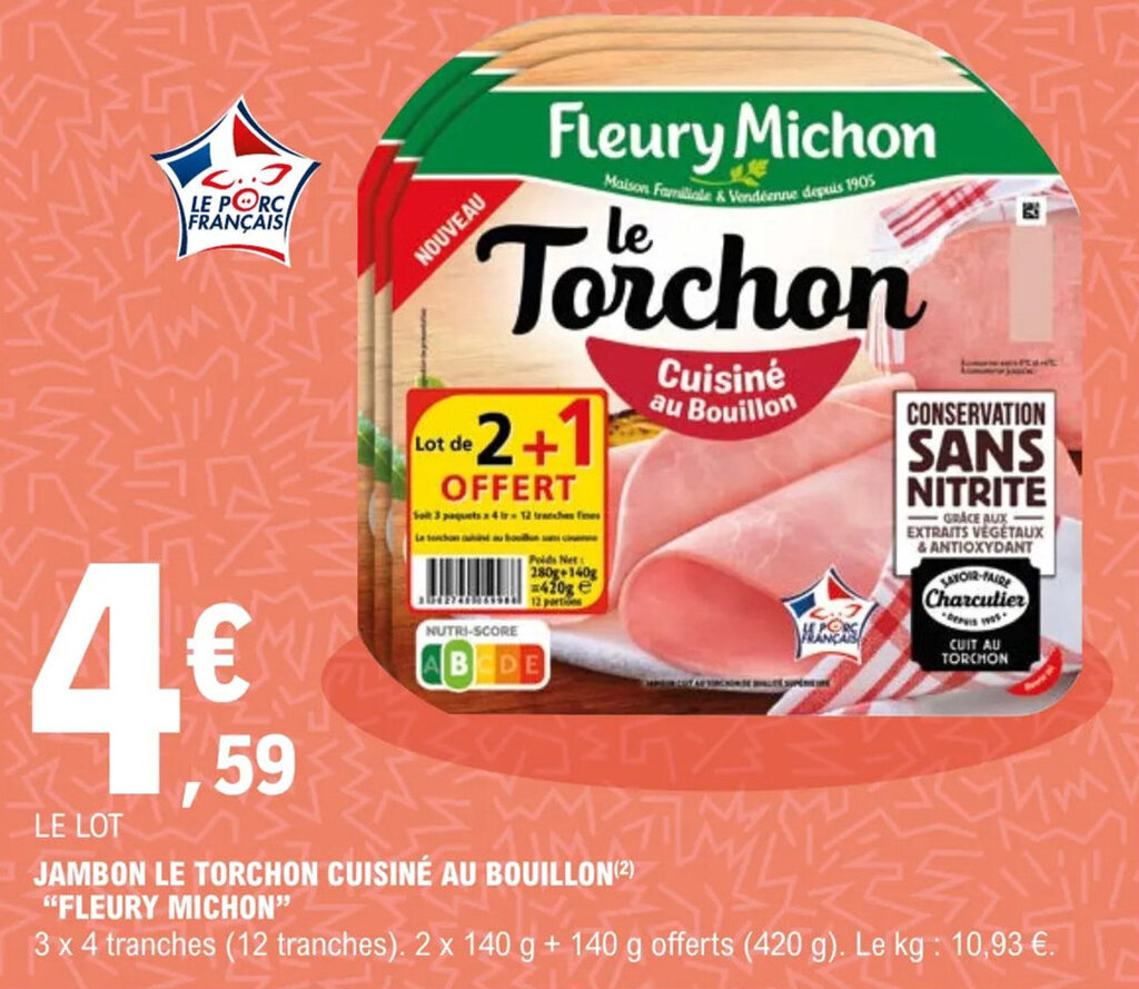 Promo "FLEURY MICHON" jambon le torchon cuisiné au bouillon chez E.Leclerc