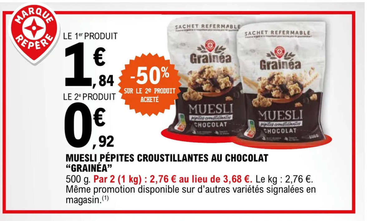 Promo "GRAINÉA" muesli pépites croustillantes au chocolat chez E.Leclerc