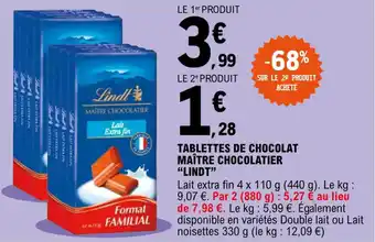 E.Leclerc "LINDT" tablettes de chocolat maitre chocolatier offre