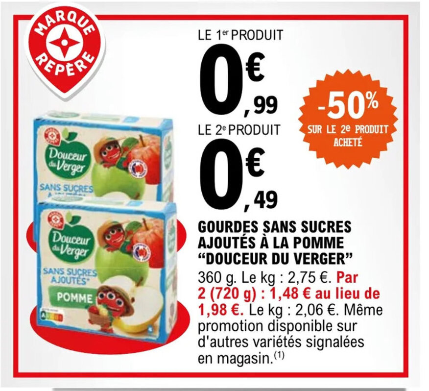 Promo "DOUCEUR DU VERGER" gourdes sans sucres ajoutés à la pomme chez E