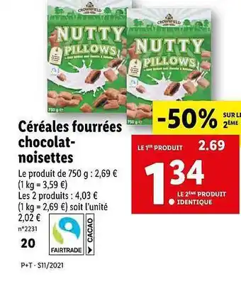 Lidl Céréales Fourrées Chocolat-noisettes offre