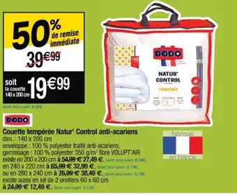 Cora x Carrefour DODO couette tempérée natur' control anti-acarlens offre