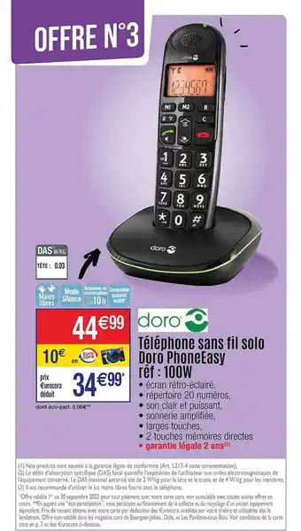 Cora x Carrefour Téléphone sans fil solo doro phone easy offre
