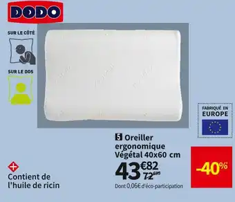 Conforama Dodo oreiller ergonomique vegetal 40x60 cm offre