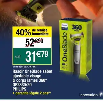Migros Rasoir oneblade sabot ajustable visage & corps lames 360° qp2830/20 philips offre