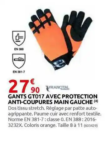 Rural Master Gants Gt017 Avec Protection Anti-coupures Main Gauche Francital offre