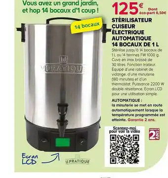 Kiriel Stérilisateur Cuiseur électrique Automatique 14 Bocaux De 1 L offre