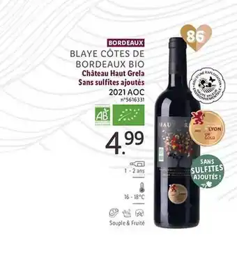 Lidl Bordeaux blaye côtes de bordeaux bio château haut grela sans sulfites ajoutés 2021 aoc offre