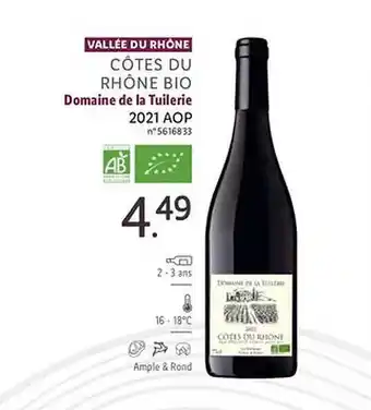 Lidl Vallée du rhône côtes du rhône bio domaine de la tuilerie 2021 aop offre