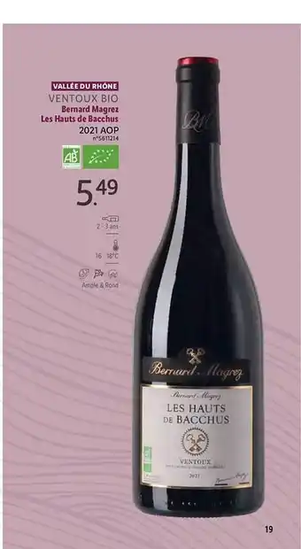 Lidl Vallée du rhône ventoux bio bernard magrez les hauts de bacchus 2021 aop offre