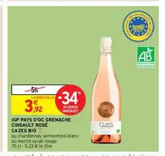 Intermarché Hyper IGP Pays d'Oc Grenache Cinsault Rosé Cazes Bio offre