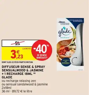 Intermarché GLADE diffuseur sense & spray sensualwood & jasmine + 1 recharge 18ml offre