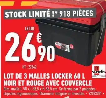 Brico Cash Lot de 3 malles locker 60 l noir et rouge avec couvercle sundis offre