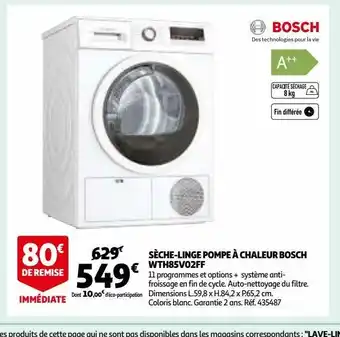 Auchan Sèche-linge pompe à chaleur bosch wth85v02ff offre
