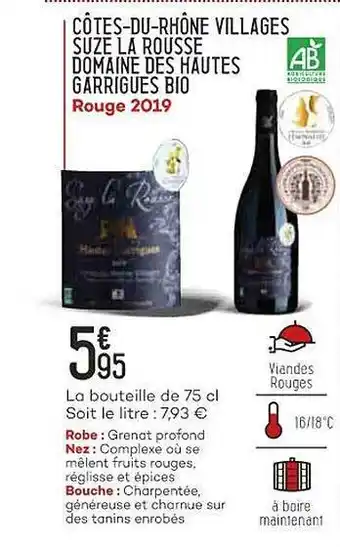 Bi1 Côtes-du-rhône villages suze la rousse domaine des hautes garrigues bio rouge 2019 offre