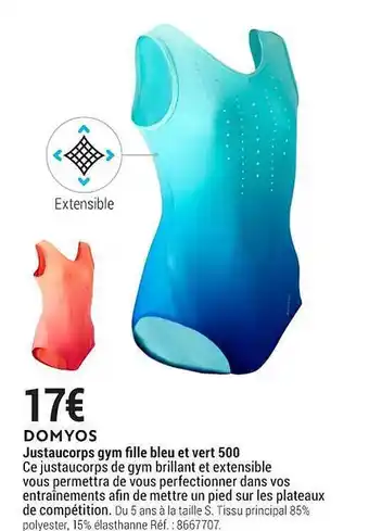 Decathlon Justaucorps gym fille bleu et vert 500 domyos offre