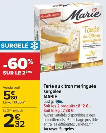 Carrefour Marie tarte au citron meringuée surgelée offre