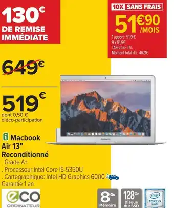 Carrefour Macbook air 13" reconditionné offre