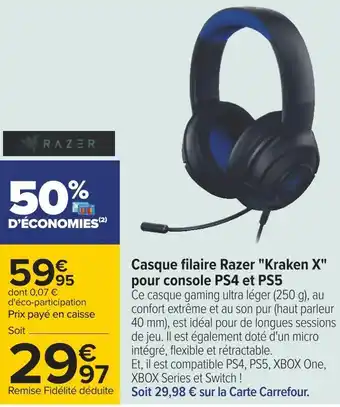 Carrefour Casque filaire razer "kraken x" pour console ps4 et ps5 offre