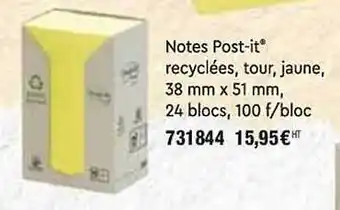 Notes post-it recyclées, tour, jaune, 38 mm x 51 mm, 24 blocs, 100 f-bloc