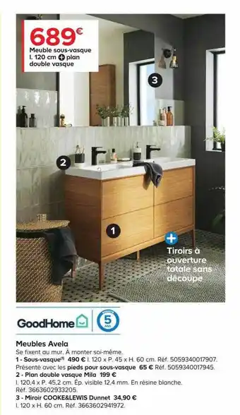 Meuble sous-vasque l. 120 cm + plan double vasque avela goodhome