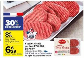 Carrefour 8 steaks hachés pur boeuf 15% m.g. bigard offre