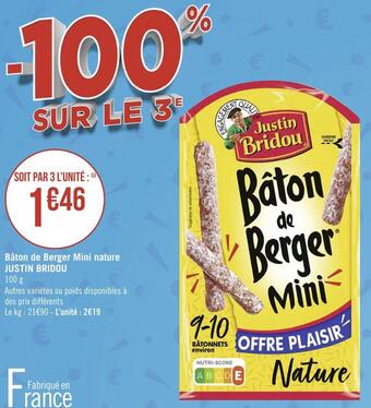 Géant Casino Justin bridou bâton de berger mini nature offre