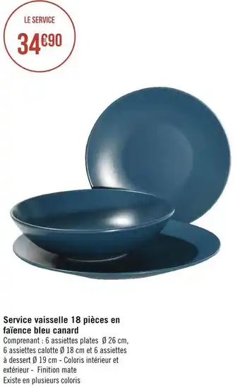 Géant Casino Service vaisselle 18 pièces en faïence bleu canard offre