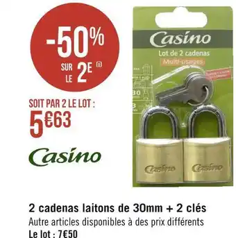Géant Casino Casino 2 cadenas laitons de 30mm + 2 clés offre