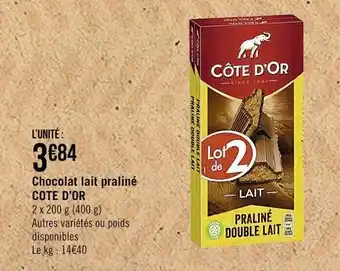 Casino Supermarchés COTE D'OR chocolat lait praliné offre
