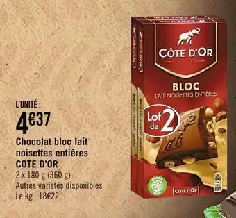 Casino Supermarchés COTE D'OR chocolat blco lait noisettes entières offre