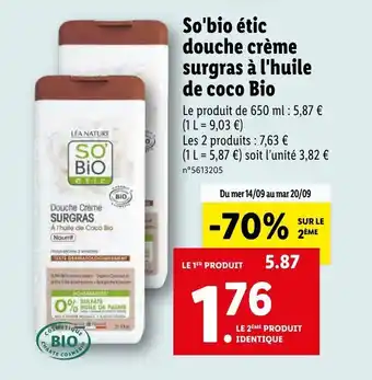 Lidl SO'BIO étic douche crème surgras à l'huile de coco bio offre