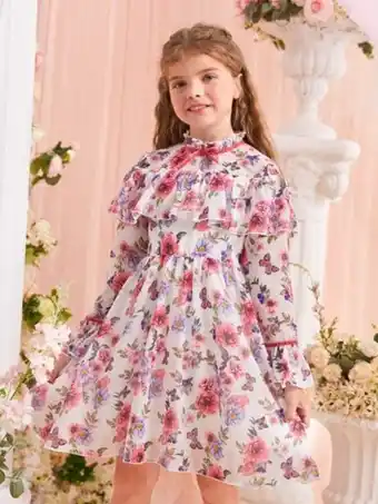 SheIn Shein fille robe à imprimé floral à volants à manches évasées à nœud papillon offre
