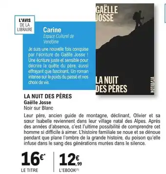 E.Leclerc La nuit des pères gaëlle josse noir sur blanc offre