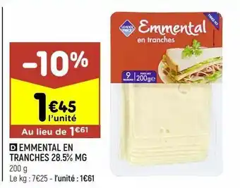 Leader Price Emmental en tranches 28.5% mg offre
