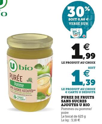 U Express U bio purée de fruits sans sucres ajoutés offre