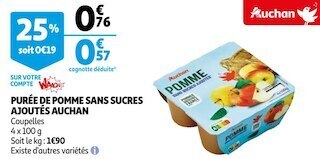 Auchan Auchan purée de pomme sans sucres ajoutés offre