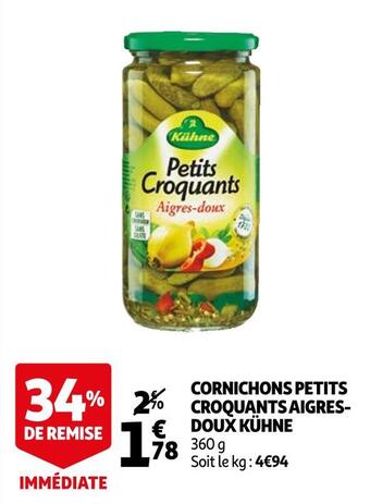 Auchan Kühne cornichons petits croquants aigres-doux offre
