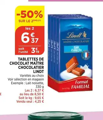 Bi1 Lindt Tablettes de Chocolat Maître Chocolatier offre