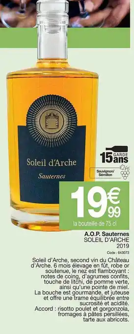 Promocash A.o.p. sauternes soleil d'arche 2019 offre