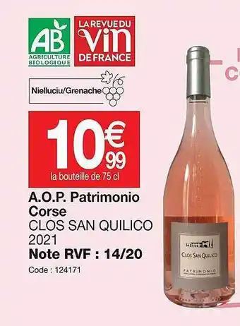 Promocash A.o.p. patrimonio corse clos san quilico 2021 offre
