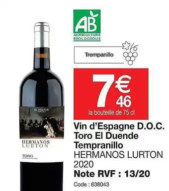 Promocash Vin d'espagne d.o.c toro el duende tempranilo hermanos lurton 2020 offre