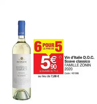 Promocash Vin d'italie d.o.c soave classico famille zonin 2020 offre