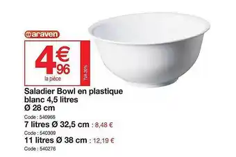 Promocash Saladier bowl en plastique blanc 4,5 litres ø 28 cm, 7 litres ø 32,5 cm, 11 litres ø 38 cm offre