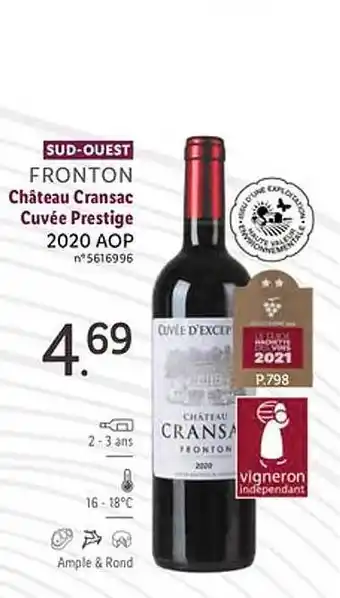 Lidl Sud-ouest fronton château cransac cuvée prestige 2020 aop offre