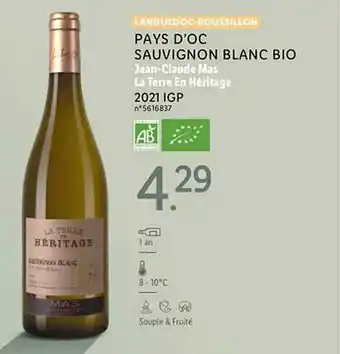 Lidl Languedoc-roussillon pays d'oc sauvignon blanc bio jean-claude mas la terre en héritage 2021 igp offre
