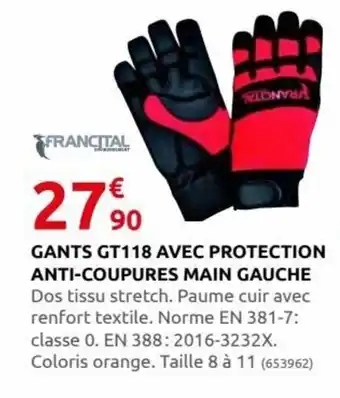 Rural Master Gants GT118 Avec Protection Anti-Coupures Main Gauche offre